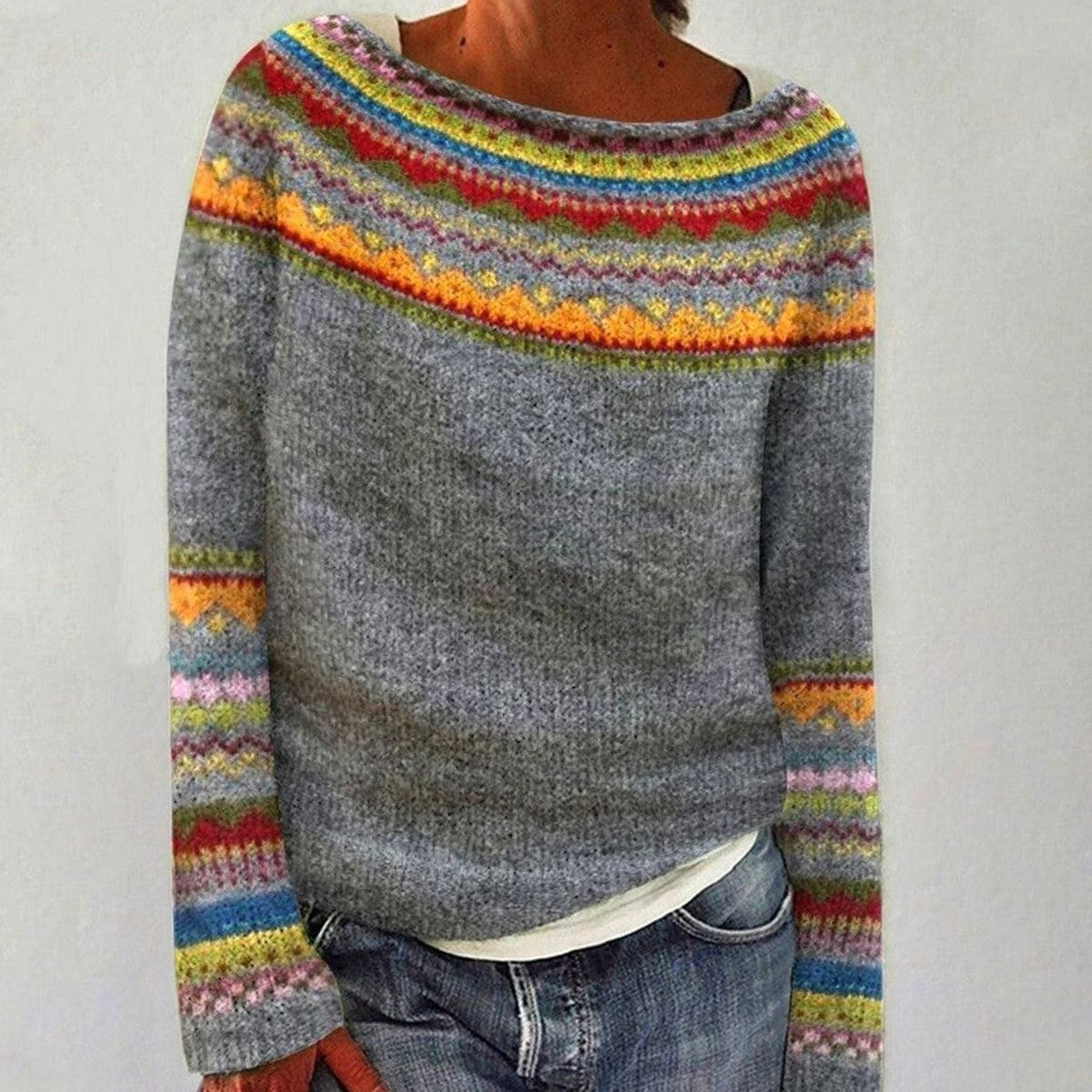 Women's Textured-Knit Sweater with Fair-Isle Yoke in Gray - view 1