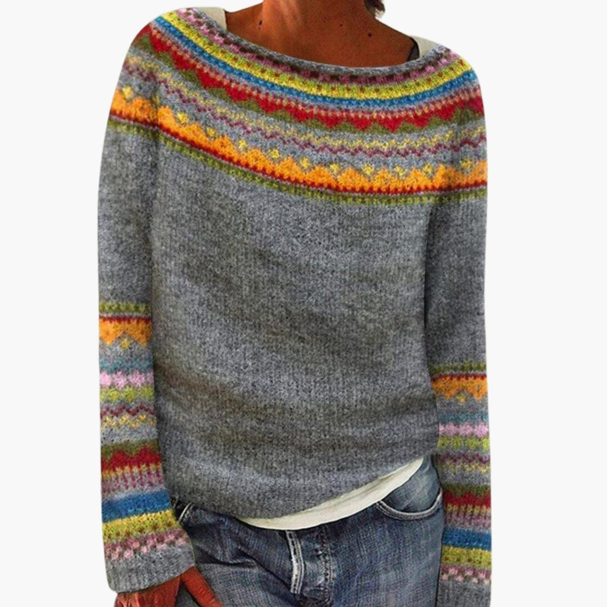 Women's Textured-Knit Sweater with Fair-Isle Yoke in Gray - view 2