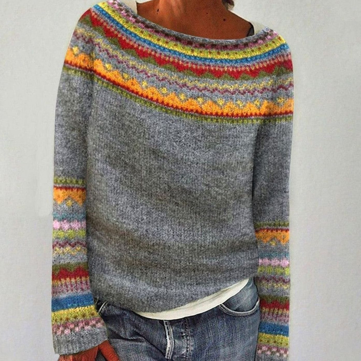 Women's Textured-Knit Sweater with Fair-Isle Yoke in Gray - view 3