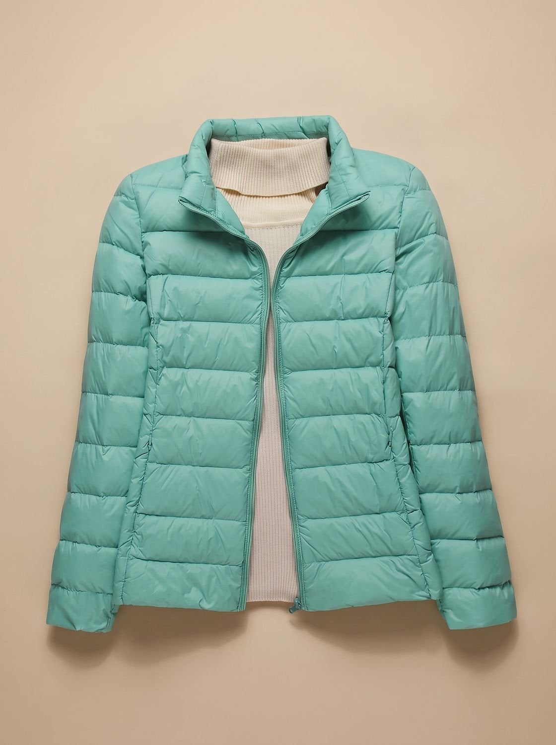 Women's Lightweight Packable Quilted Hooded Coat in Turquoise Hood - view 1