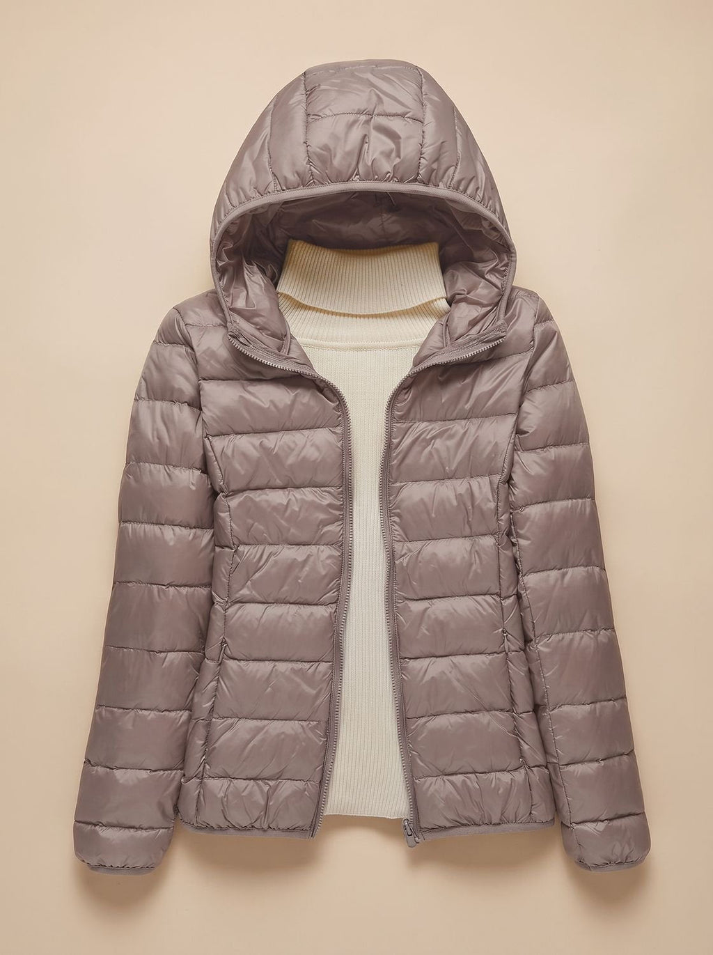 Women's Lightweight Packable Quilted Hooded Coat in Khaki Hood - view 2