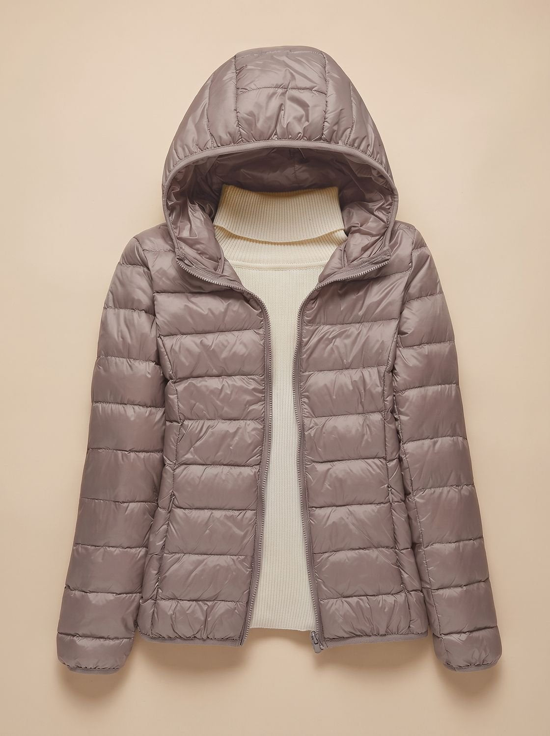 Women's Lightweight Packable Quilted Hooded Coat in Khaki Hood - view 2