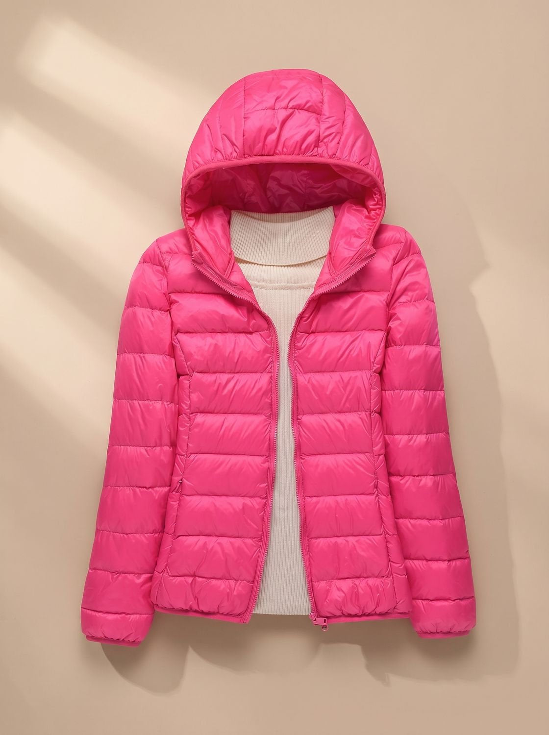 Women's Lightweight Packable Quilted Hooded Coat in Pink Hood - view 3