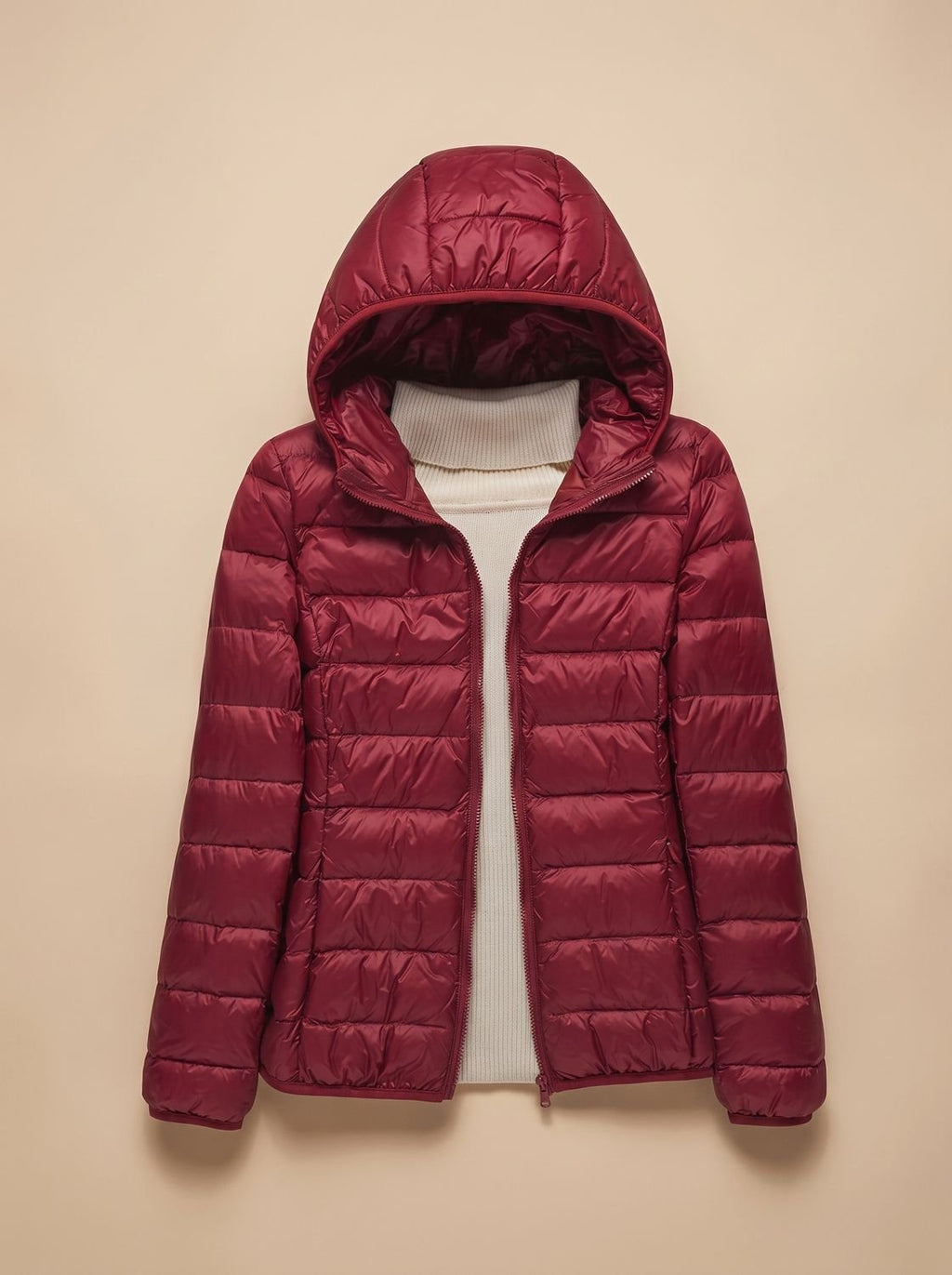 Women's Lightweight Packable Quilted Hooded Coat in Burgundy Hood - view 4