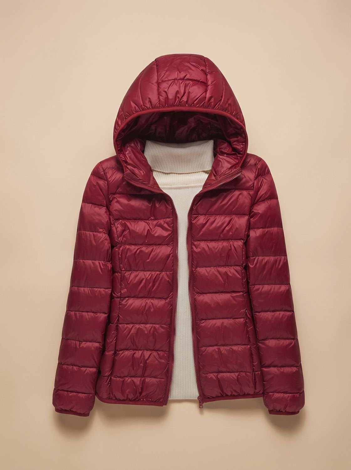 Women's Lightweight Packable Quilted Hooded Coat in Burgundy Hood - view 4