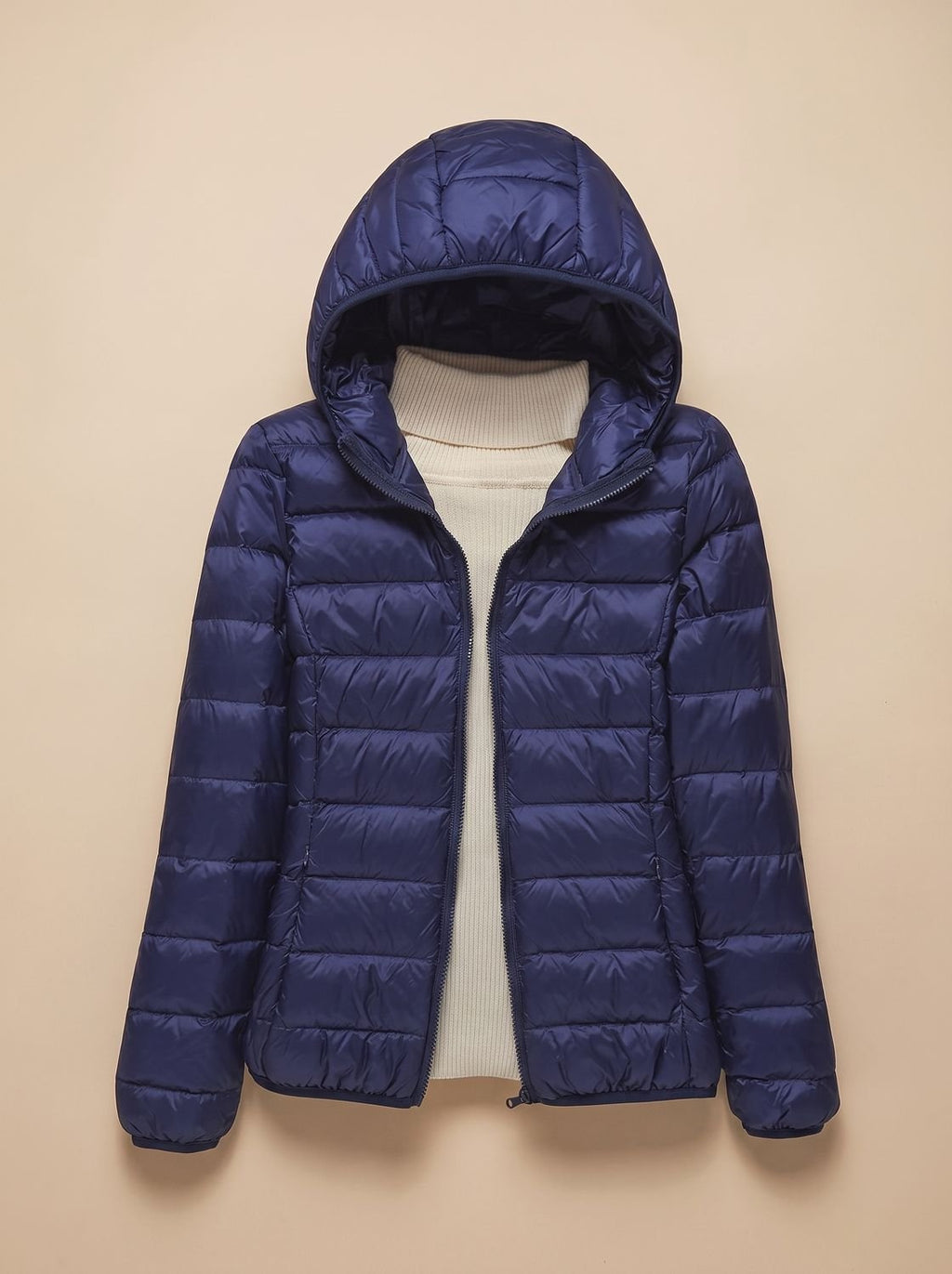 Women's Lightweight Packable Quilted Hooded Coat in Dark Blue Hood - view 5