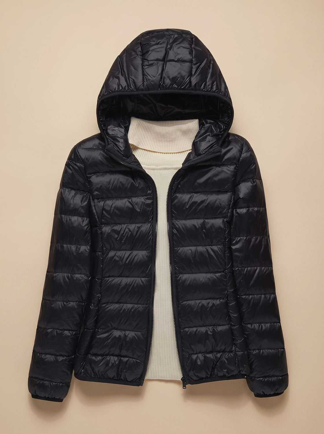 Women's Lightweight Packable Quilted Hooded Coat in Black Hood - view 6