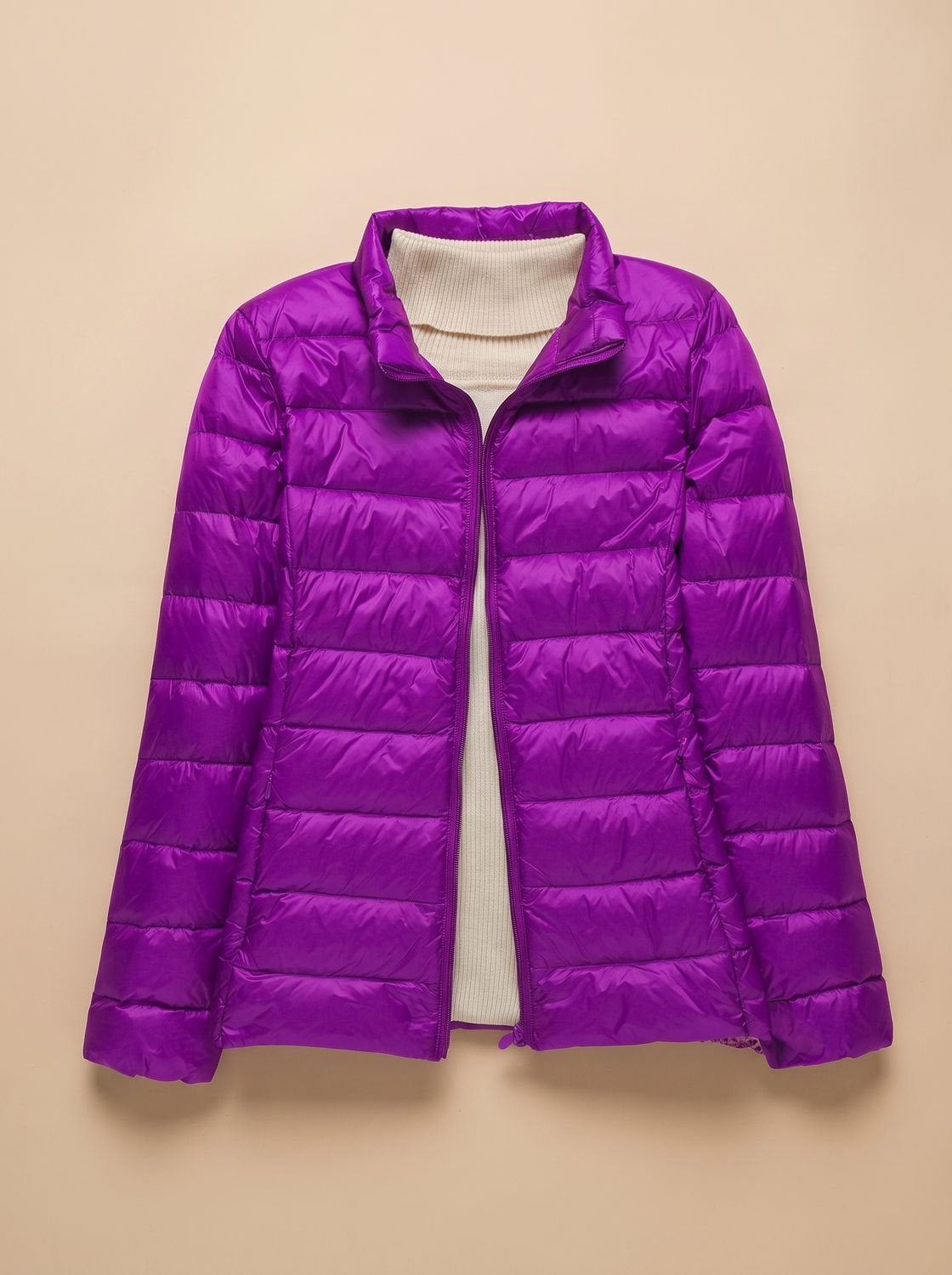 Women's Lightweight Packable Quilted Hooded Coat in Purple Hood - view 7