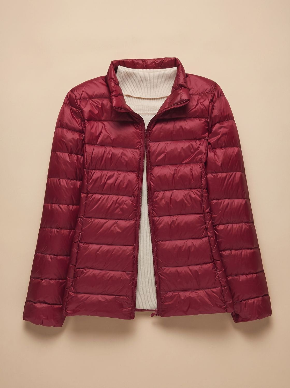 Women's Lightweight Packable Quilted Hooded Coat in Red Hood - view 8