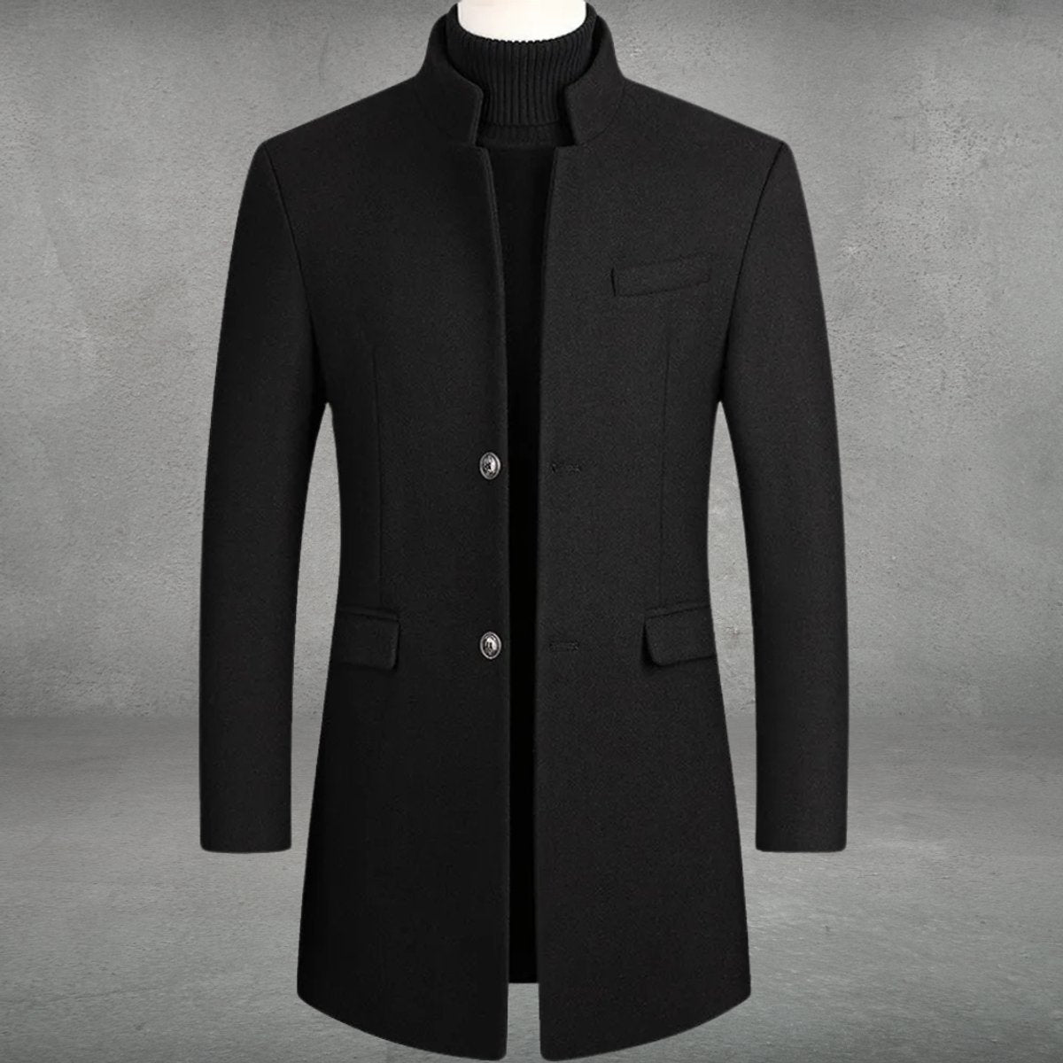 Men's Button-Front Overcoat with Chest Pocket in Black - view 2