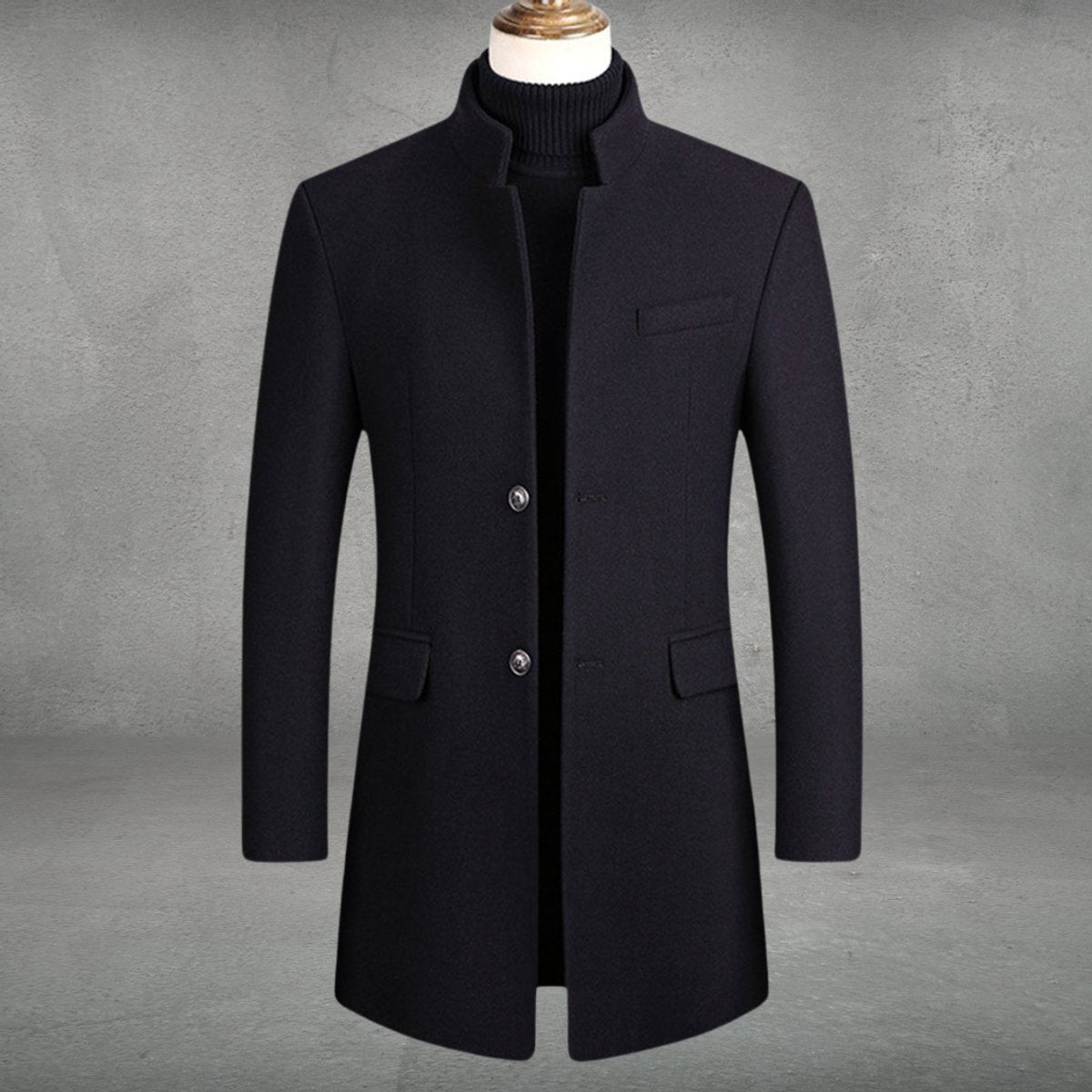 Men's Button-Front Overcoat with Chest Pocket in Navy Blue - view 3