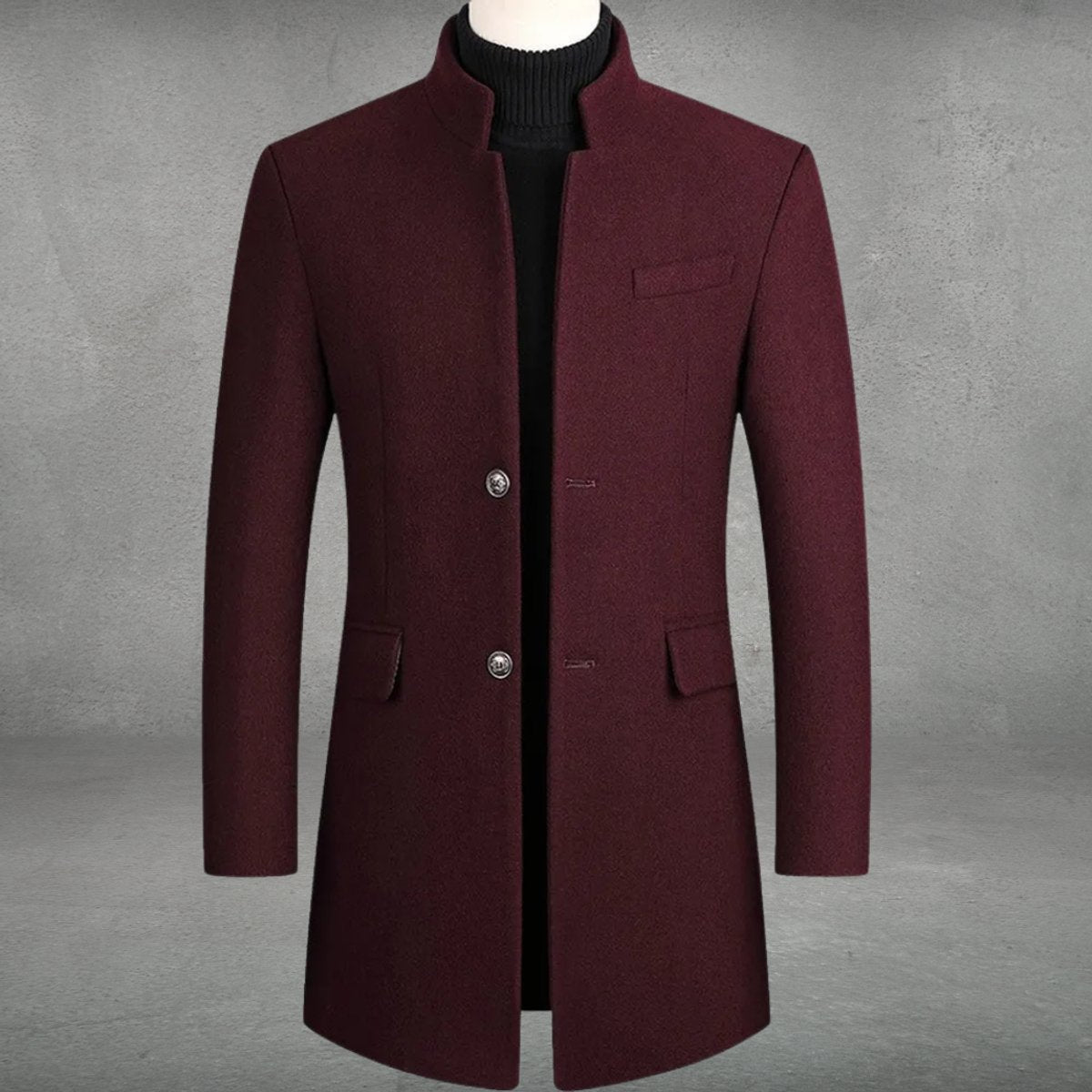 Men's Button-Front Overcoat with Chest Pocket in Burgundy - view 4