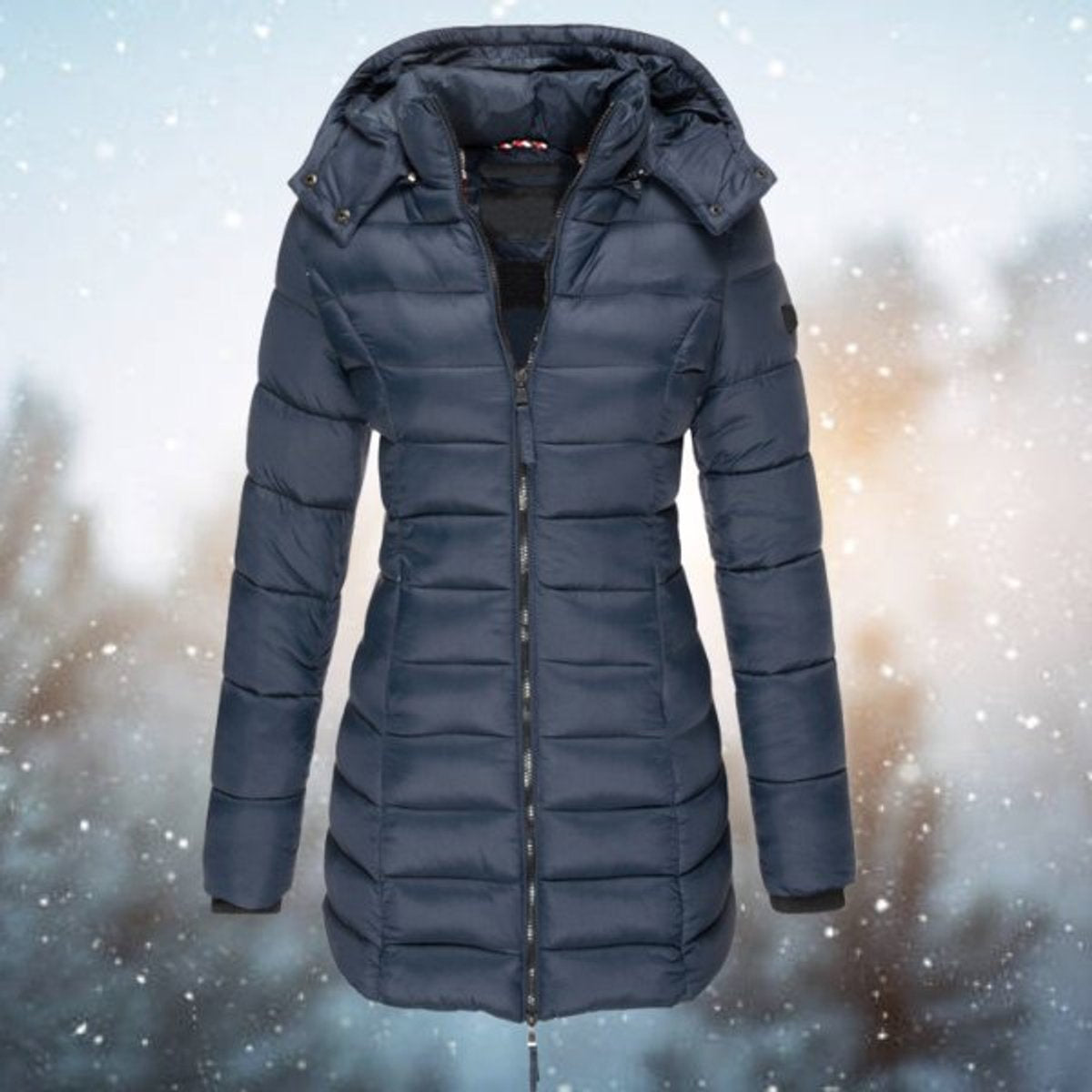 Women's Longline Quilted Hooded Zip-Up Puffer Coat in Navy Blue - view 1