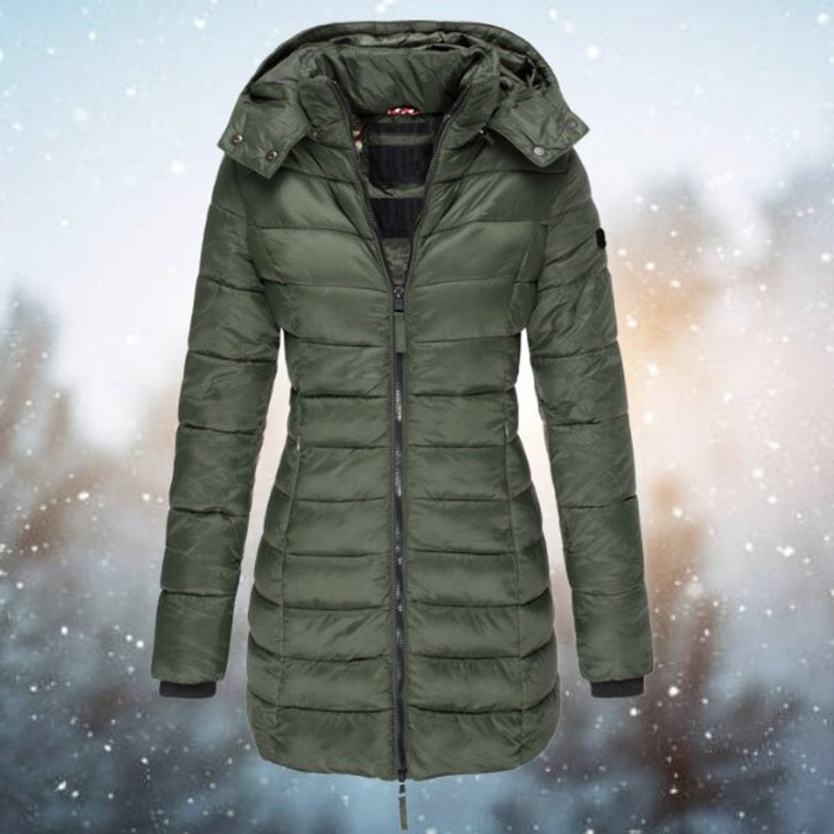Women's Longline Quilted Hooded Zip-Up Puffer Coat in Green - view 3