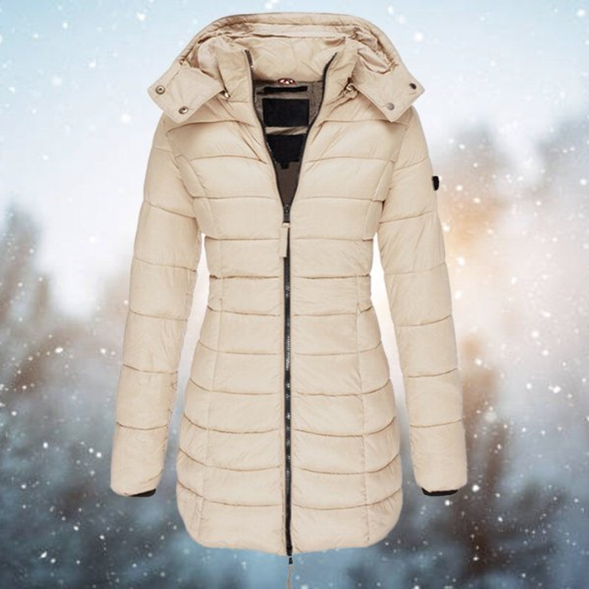 Women's Longline Quilted Hooded Zip-Up Puffer Coat in Khaki - view 4