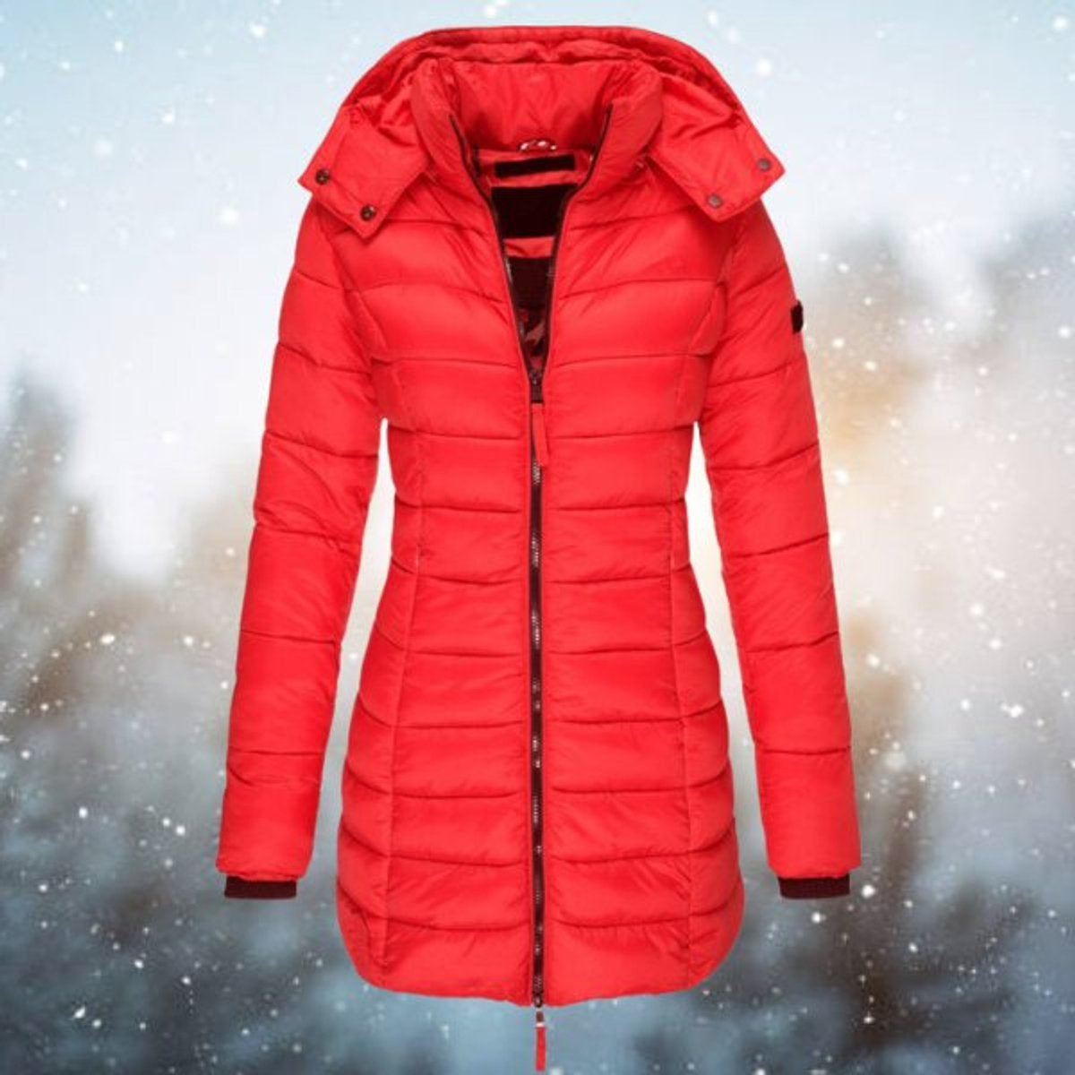 Women's Longline Quilted Hooded Zip-Up Puffer Coat in Red - view 5