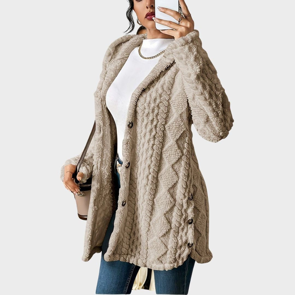 Women's Hooded Button-Front Knit Cardigan in Beige - view 2