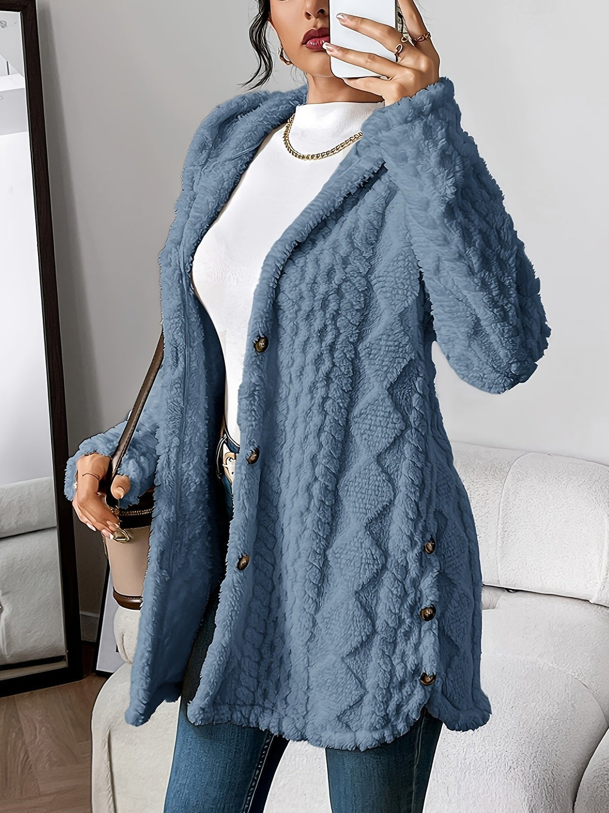 Women's Hooded Button-Front Knit Cardigan in Denim Blue - view 3