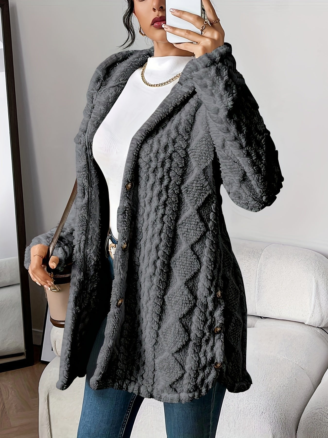 Women's Hooded Button-Front Knit Cardigan in Gray - view 5