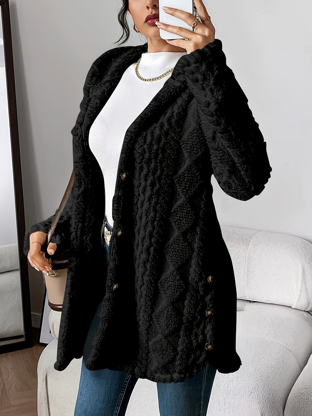 Women's Hooded Button-Front Knit Cardigan in Black - view 6