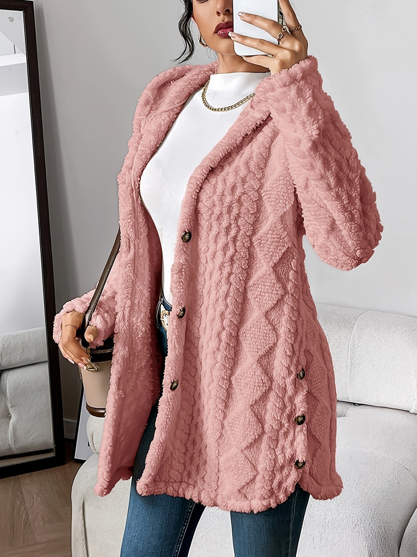 Women's Hooded Button-Front Knit Cardigan in Pink - view 8