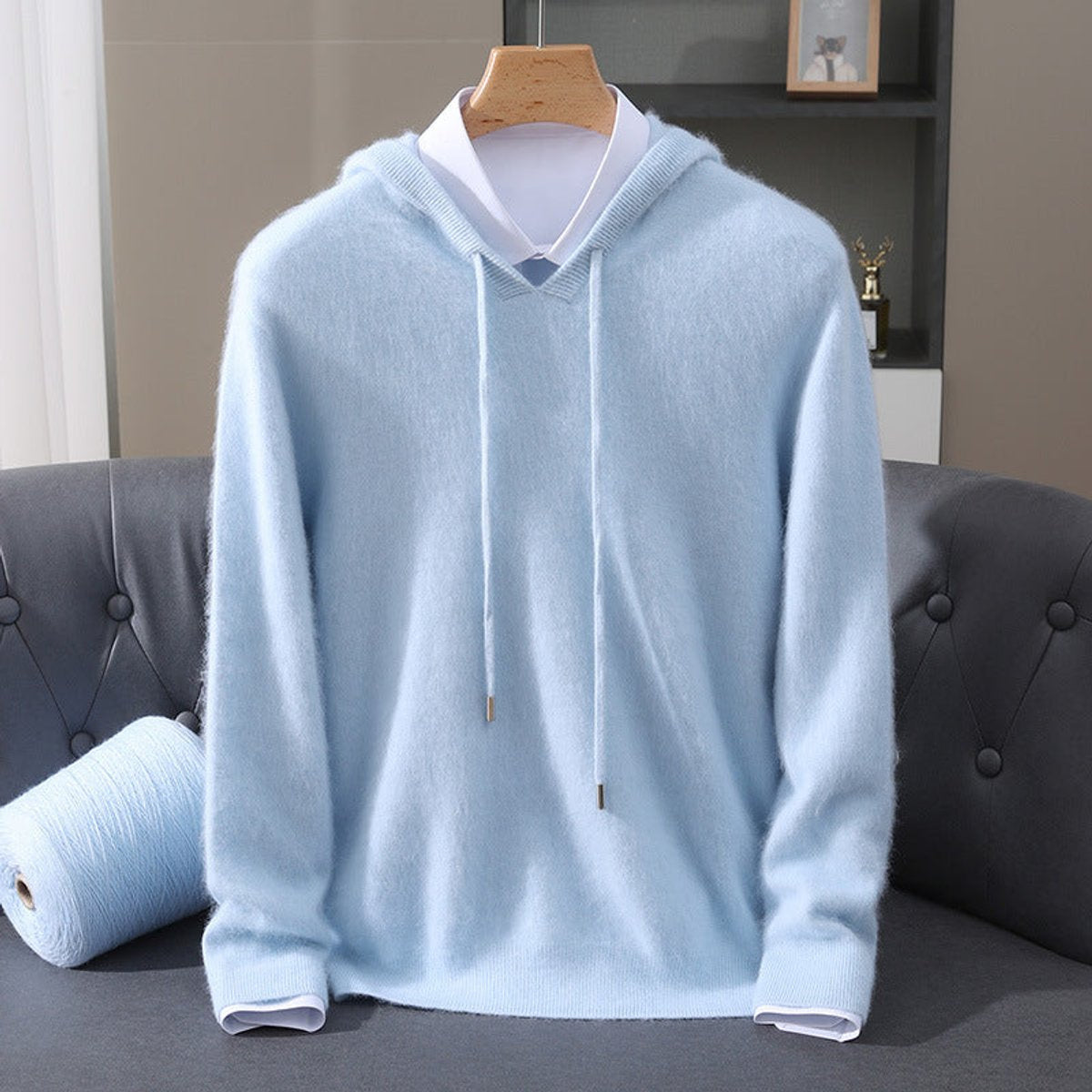Men's Oversized Hooded Sweater with Drawcords in Blue - view 1