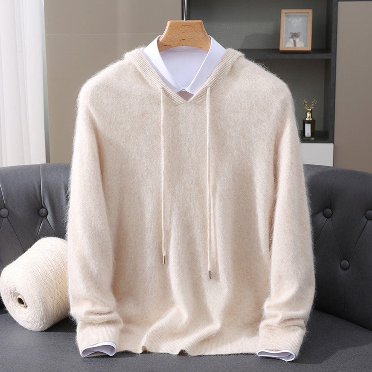 Men's Oversized Hooded Sweater with Drawcords in Cream - view 3