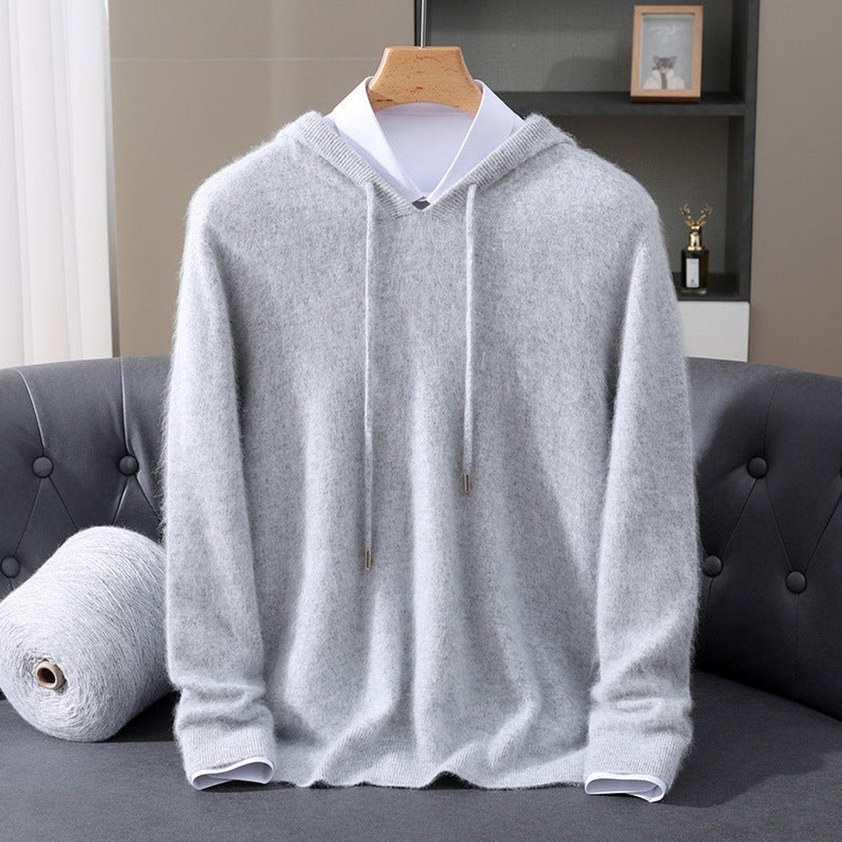 Men's Oversized Hooded Sweater with Drawcords in Gray - view 4