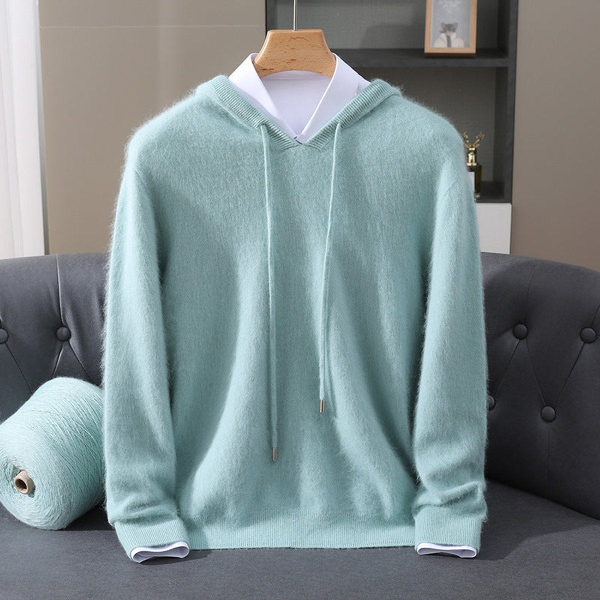 Men's Oversized Hooded Sweater with Drawcords in Teal - view 5