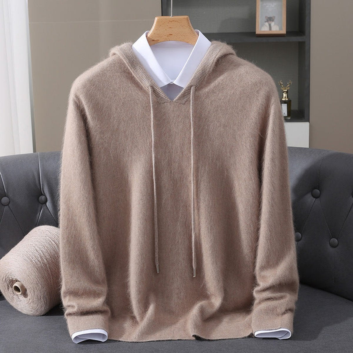 Men's Oversized Hooded Sweater with Drawcords in Camel - view 6