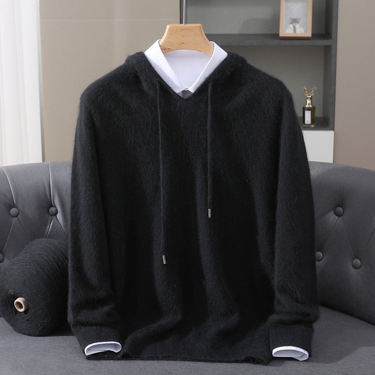 Men's Oversized Hooded Sweater with Drawcords in Black - view 7