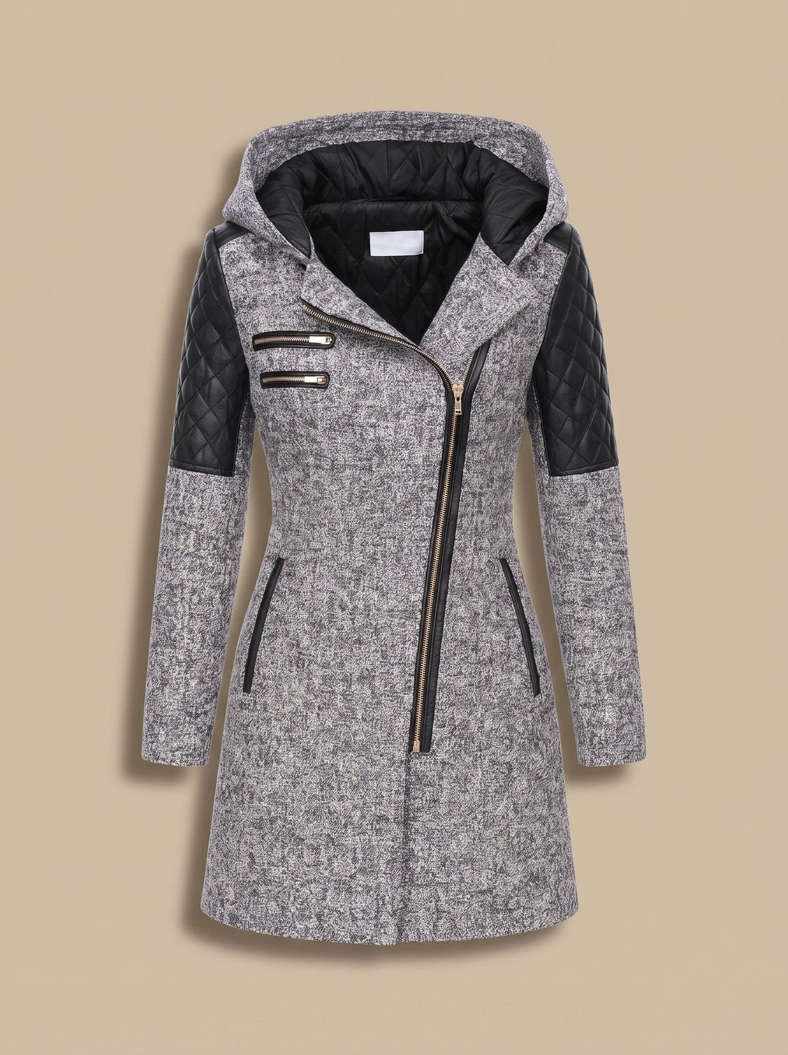 Women's Slim-Fit Quilted Hooded Moto Coat in Light Gray - view 1