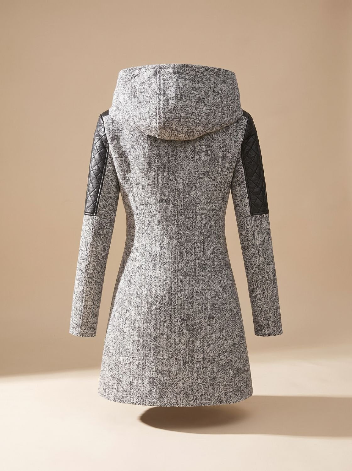 Women's Slim-Fit Quilted Hooded Moto Coat in Light Gray - view 2