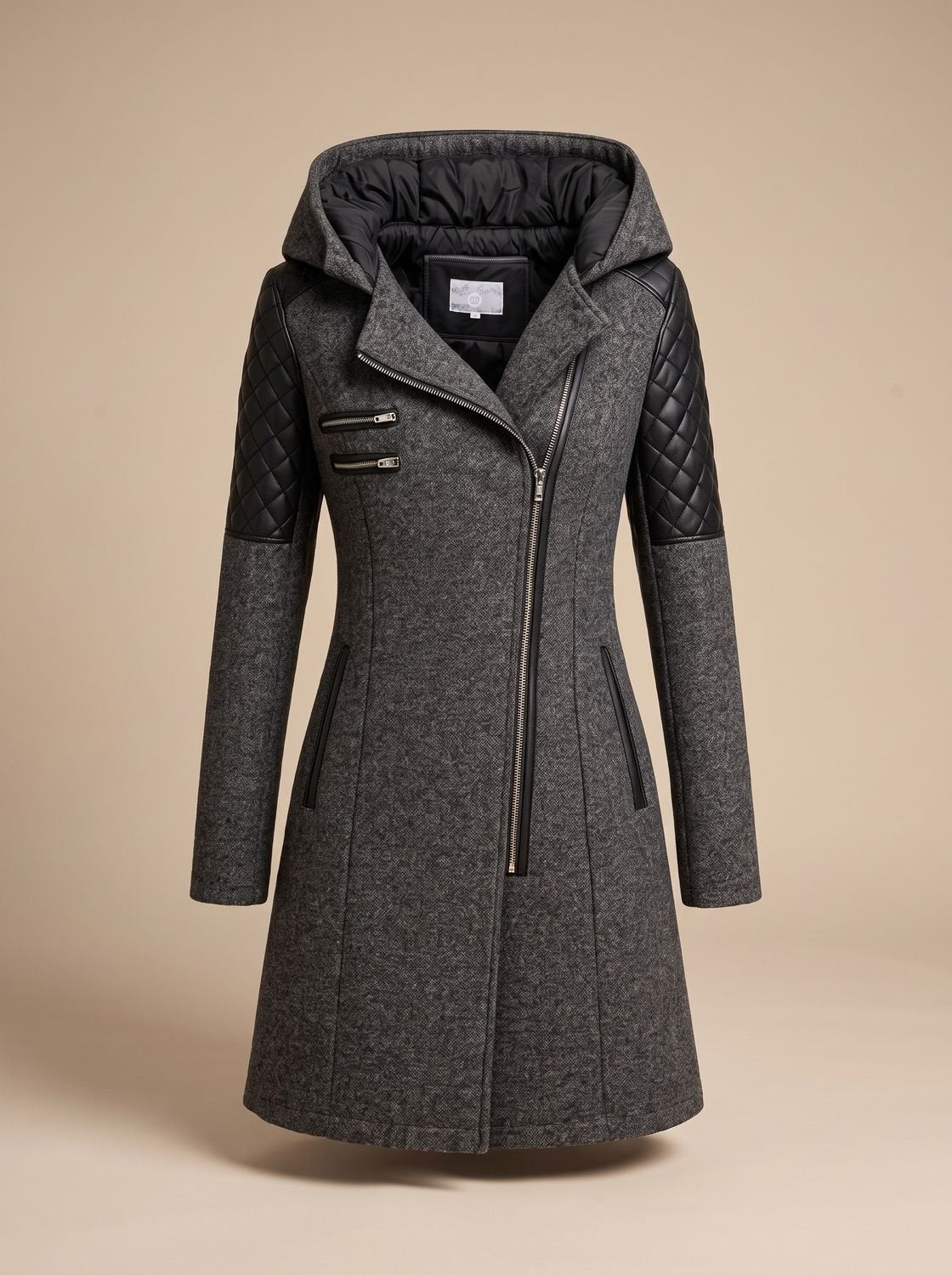 Women's Slim-Fit Quilted Hooded Moto Coat in Dark Gray - view 3
