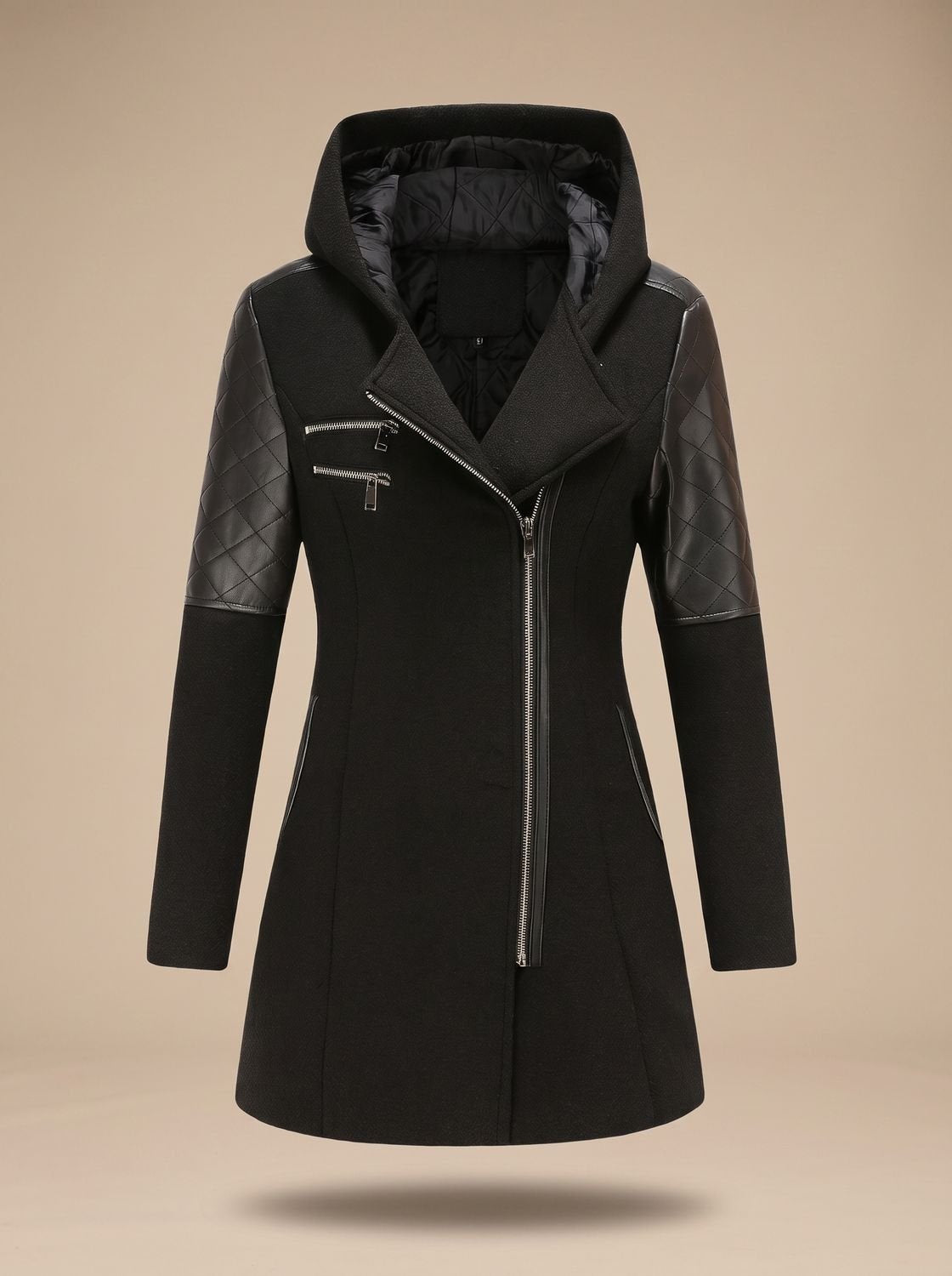 Women's Slim-Fit Quilted Hooded Moto Coat in Black - view 6