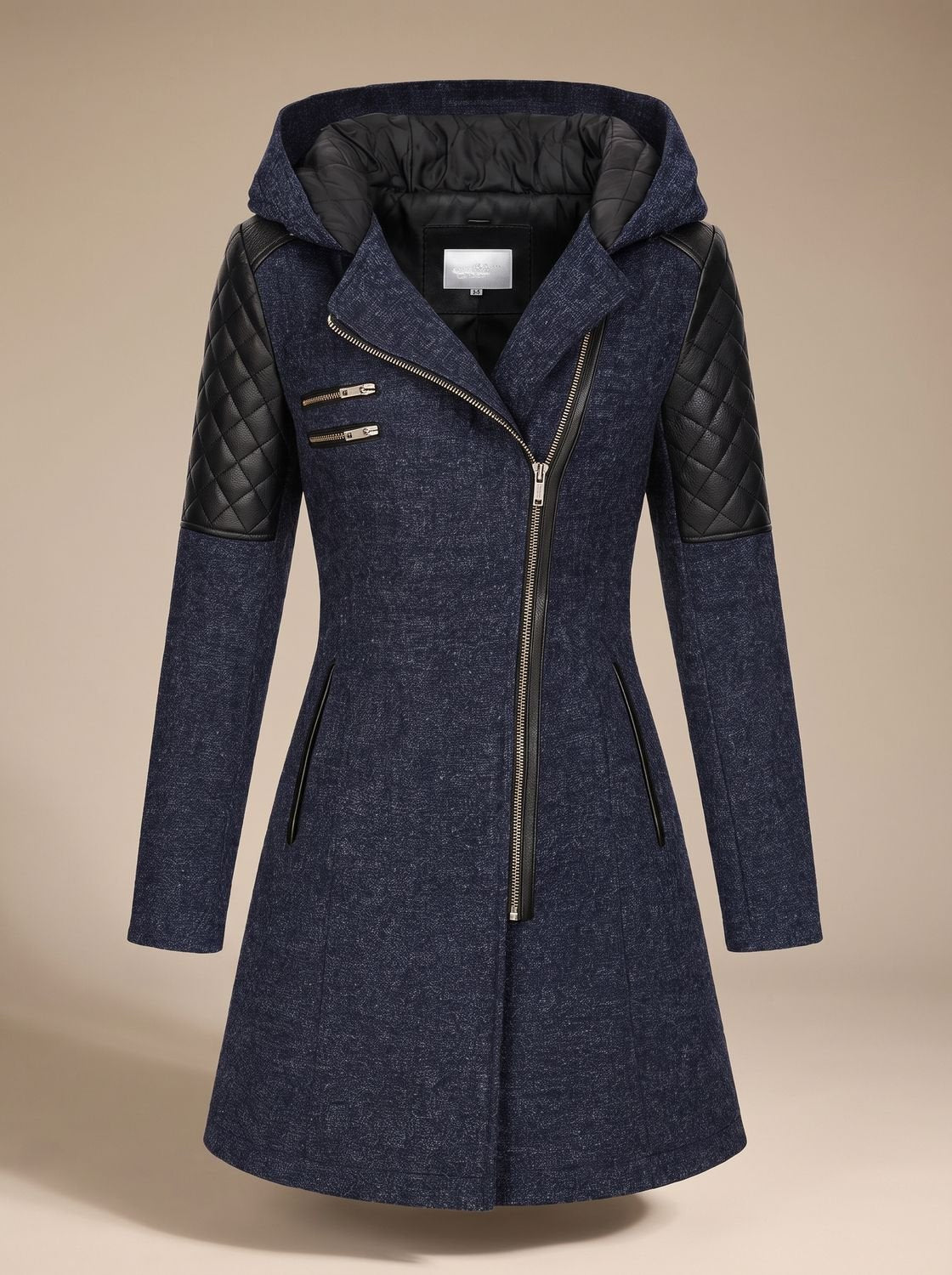 Women's Slim-Fit Quilted Hooded Moto Coat in Blue - view 7