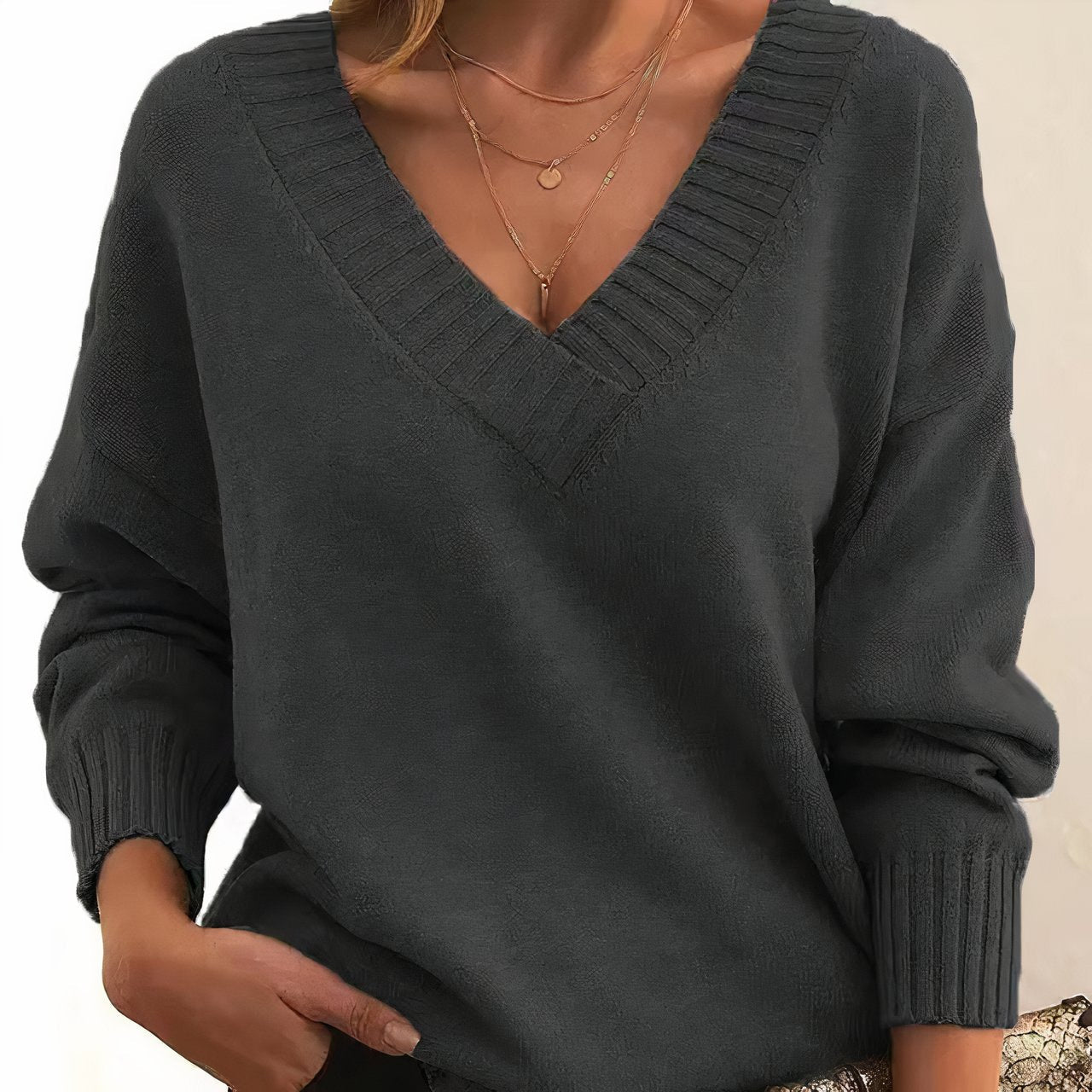 Women's Ribbed V-Neck Oversized Sweater in Dark Gray - view 3