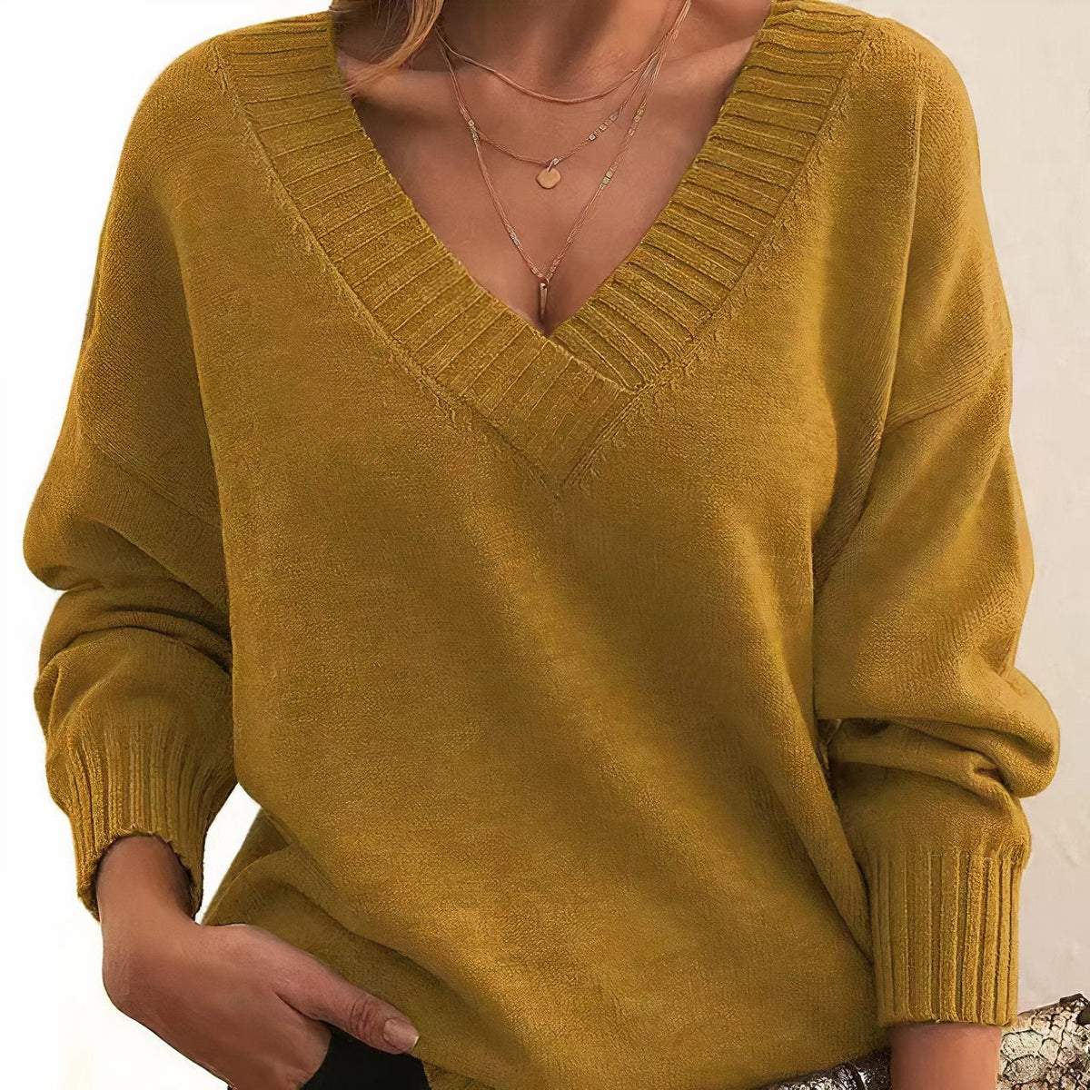 Women's Ribbed V-Neck Oversized Sweater in Gold - view 7