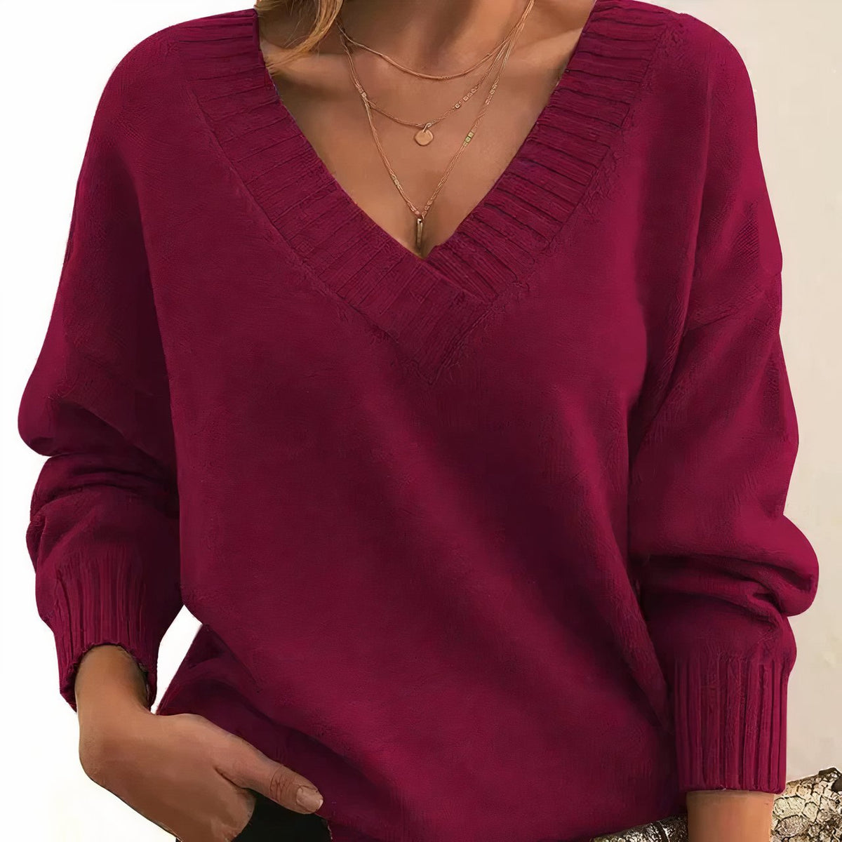 Women's Ribbed V-Neck Oversized Sweater in Red - view 8