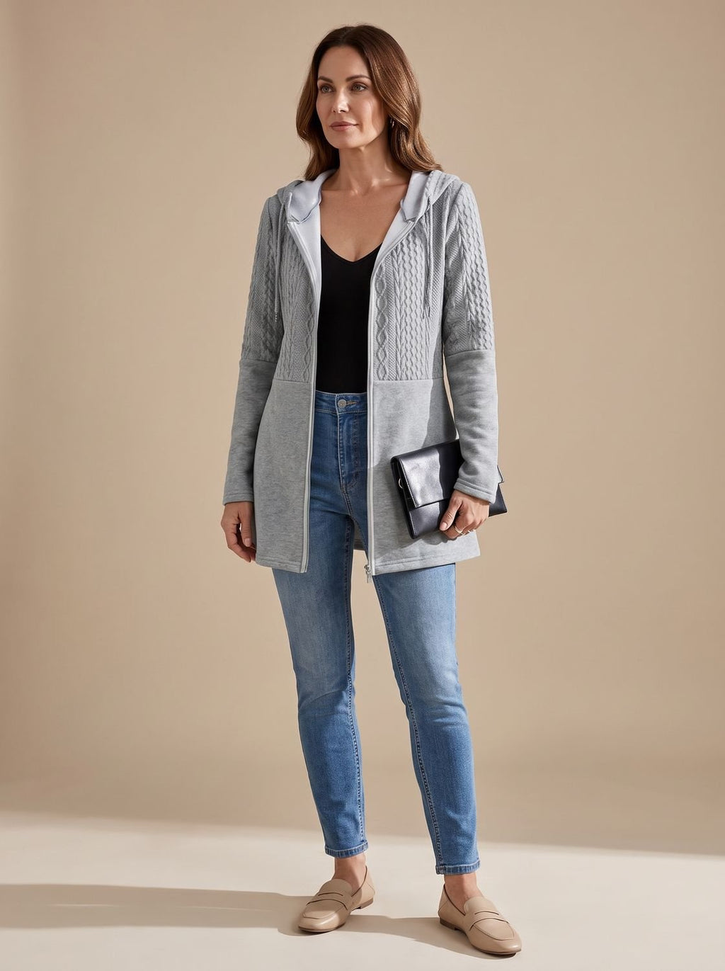 Women's Longline Hooded Zip-Up Knit Coat in Gray - view 1