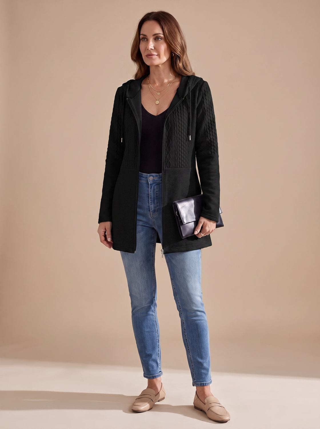 Women's Longline Hooded Zip-Up Knit Coat in Black - view 2