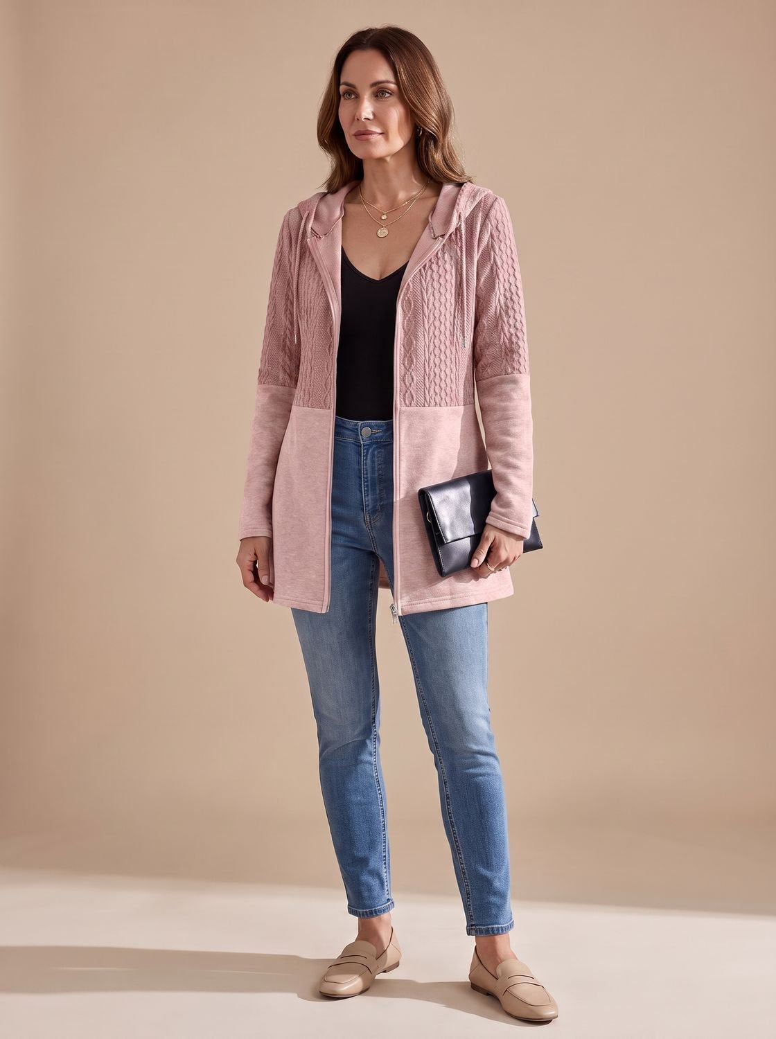Women's Longline Hooded Zip-Up Knit Coat in Pink - view 3
