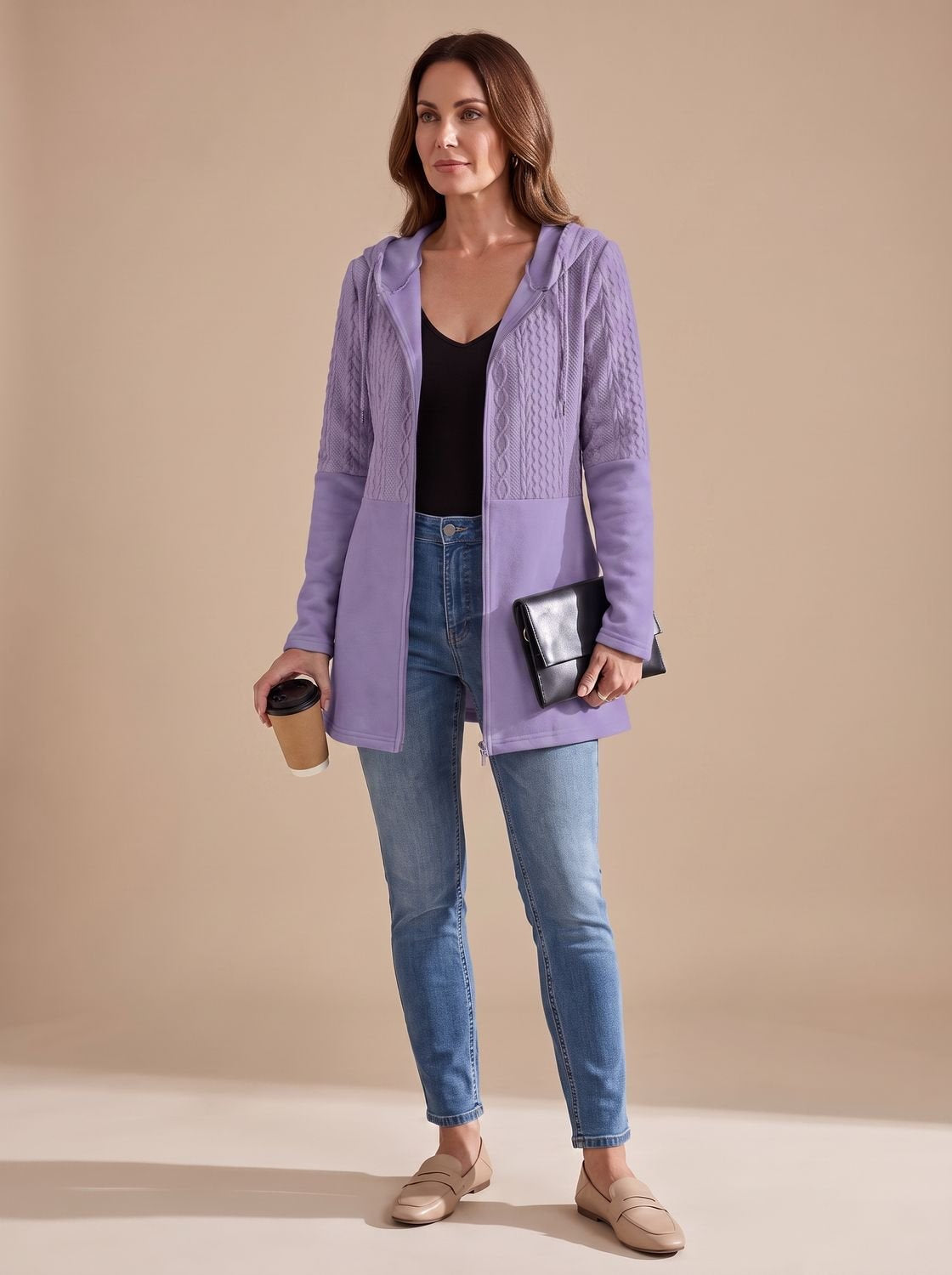 Women's Longline Hooded Zip-Up Knit Coat in Purple - view 4