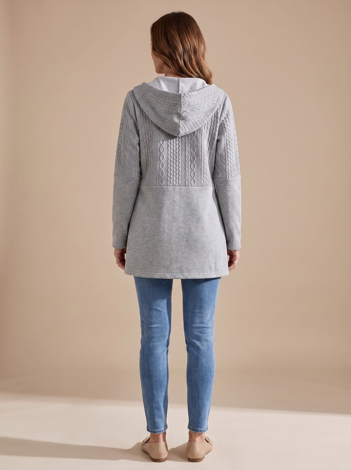 Women's Longline Hooded Zip-Up Knit Coat in Gray - view 5
