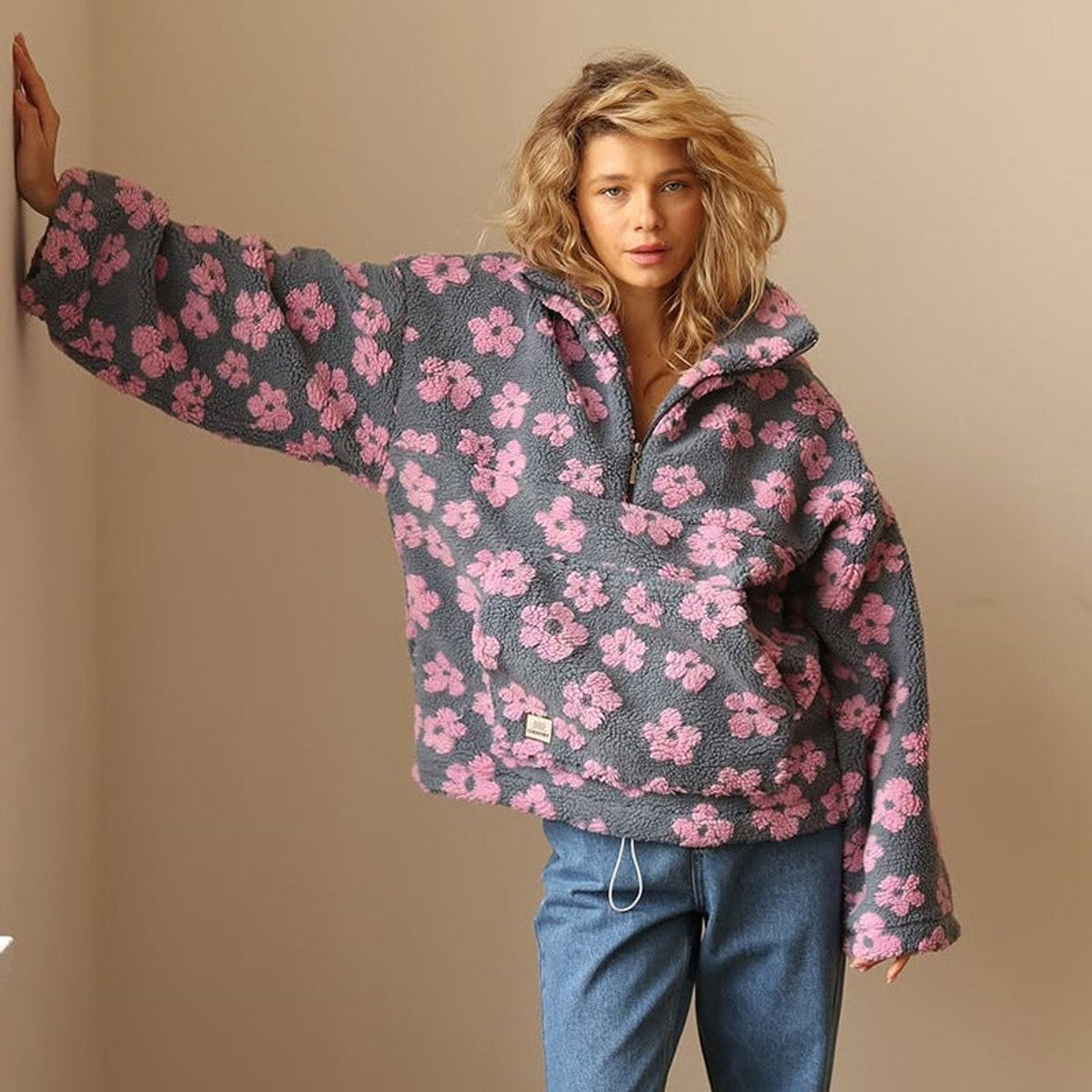 Women's Floral Sherpa Half-Zip Pullover in Gray - view 2