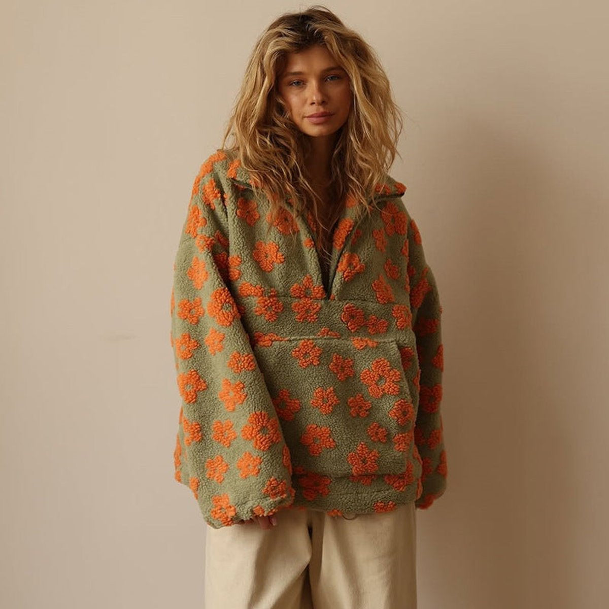 Women's Floral Sherpa Half-Zip Pullover in Olive - view 3