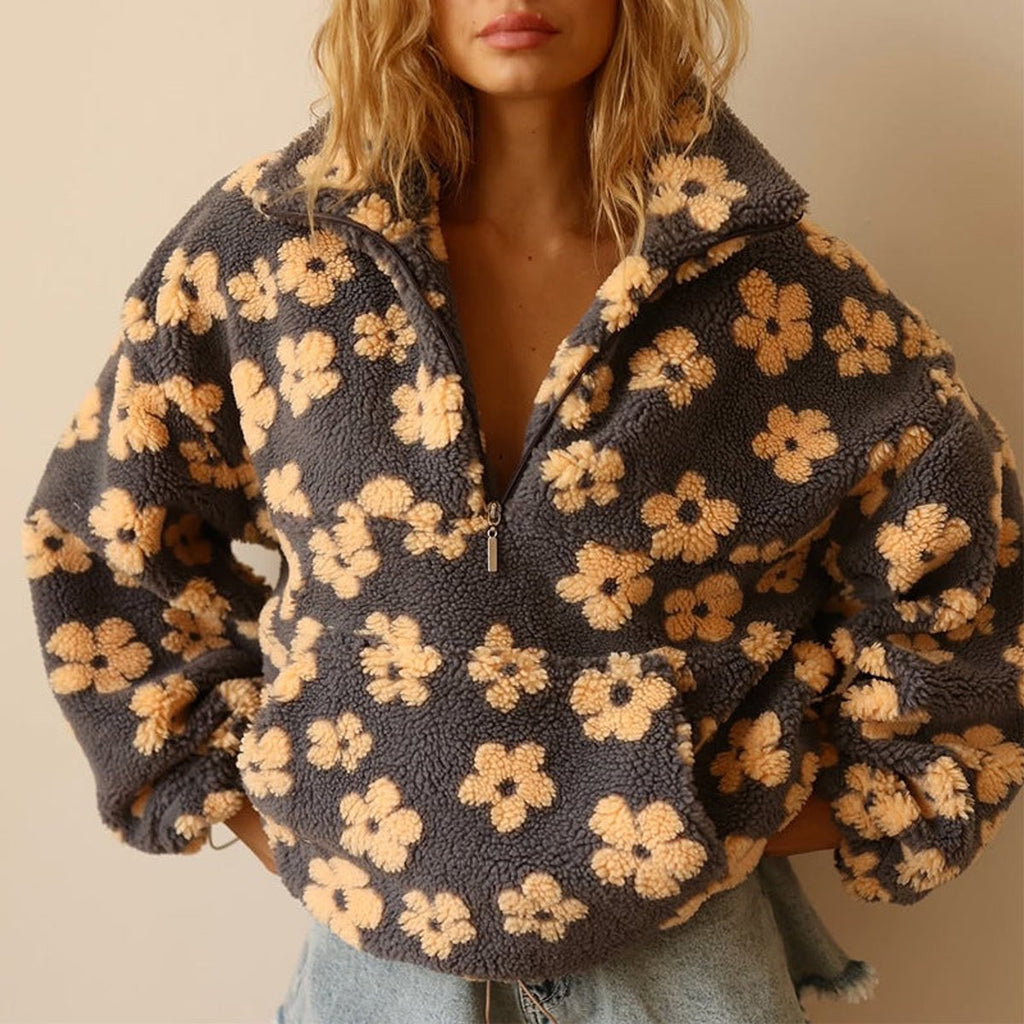 Women's Floral Sherpa Half-Zip Pullover in Charcoal - view 5