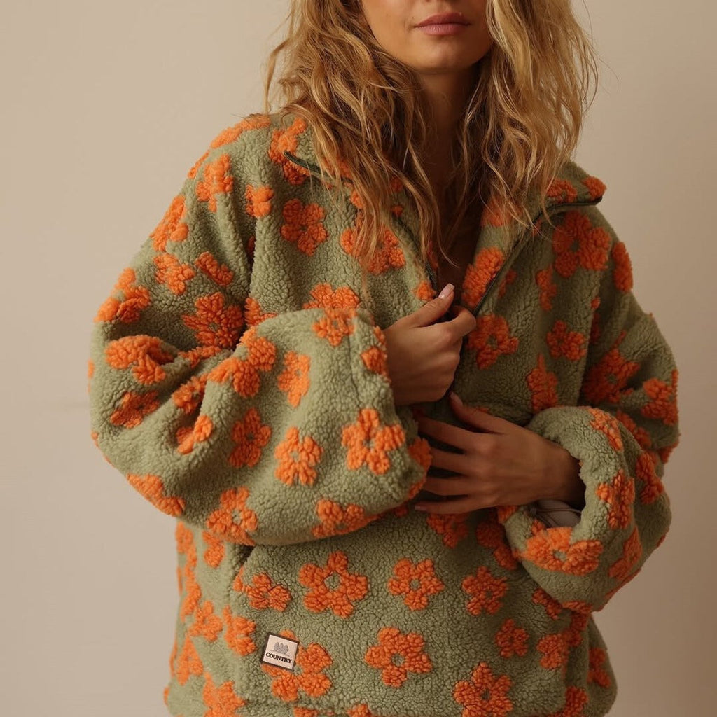 Women's Floral Sherpa Half-Zip Pullover in Olive - view 6