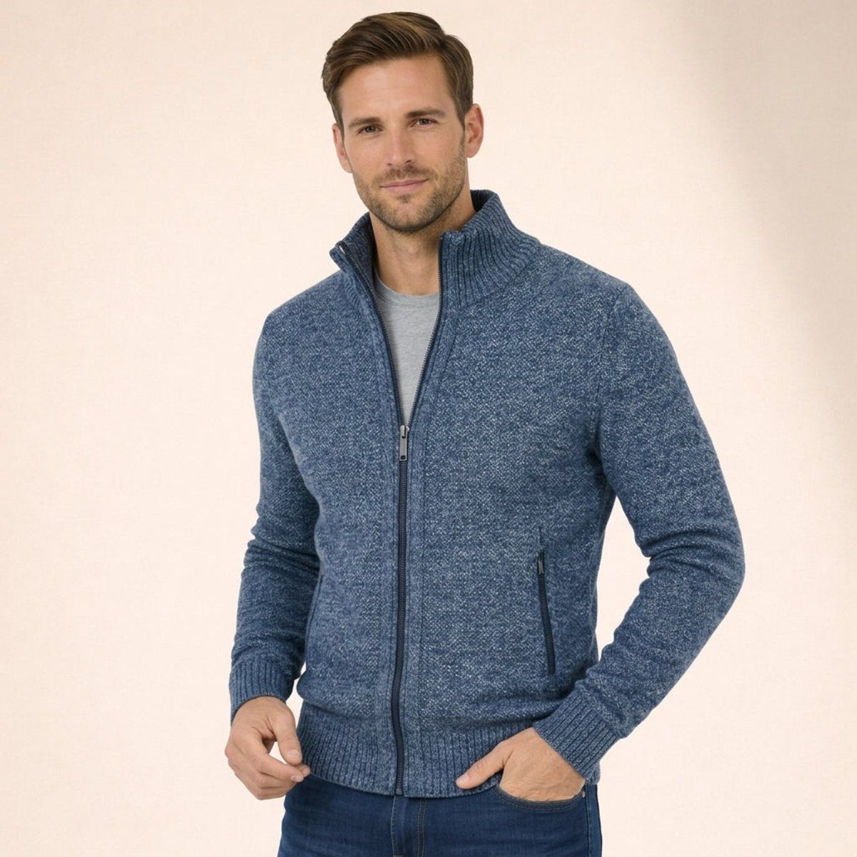 Men's Ribbed Full-Zip Sweater with Stand Collar in Blue - view 1