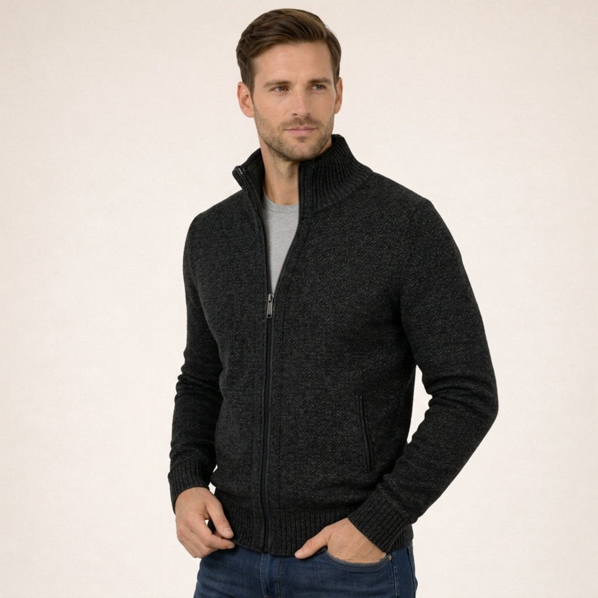Men's Ribbed Full-Zip Sweater with Stand Collar in Black - view 2